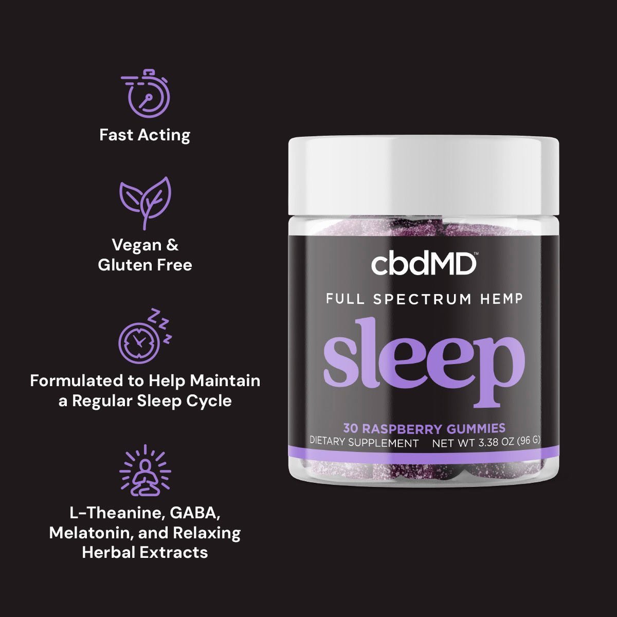 cbdMD, Sleep CBD Gummies, Raspberry, Full Spectrum, 30ct, 90mg THC + 600mg CBN + 1500mg CBD - Image 4