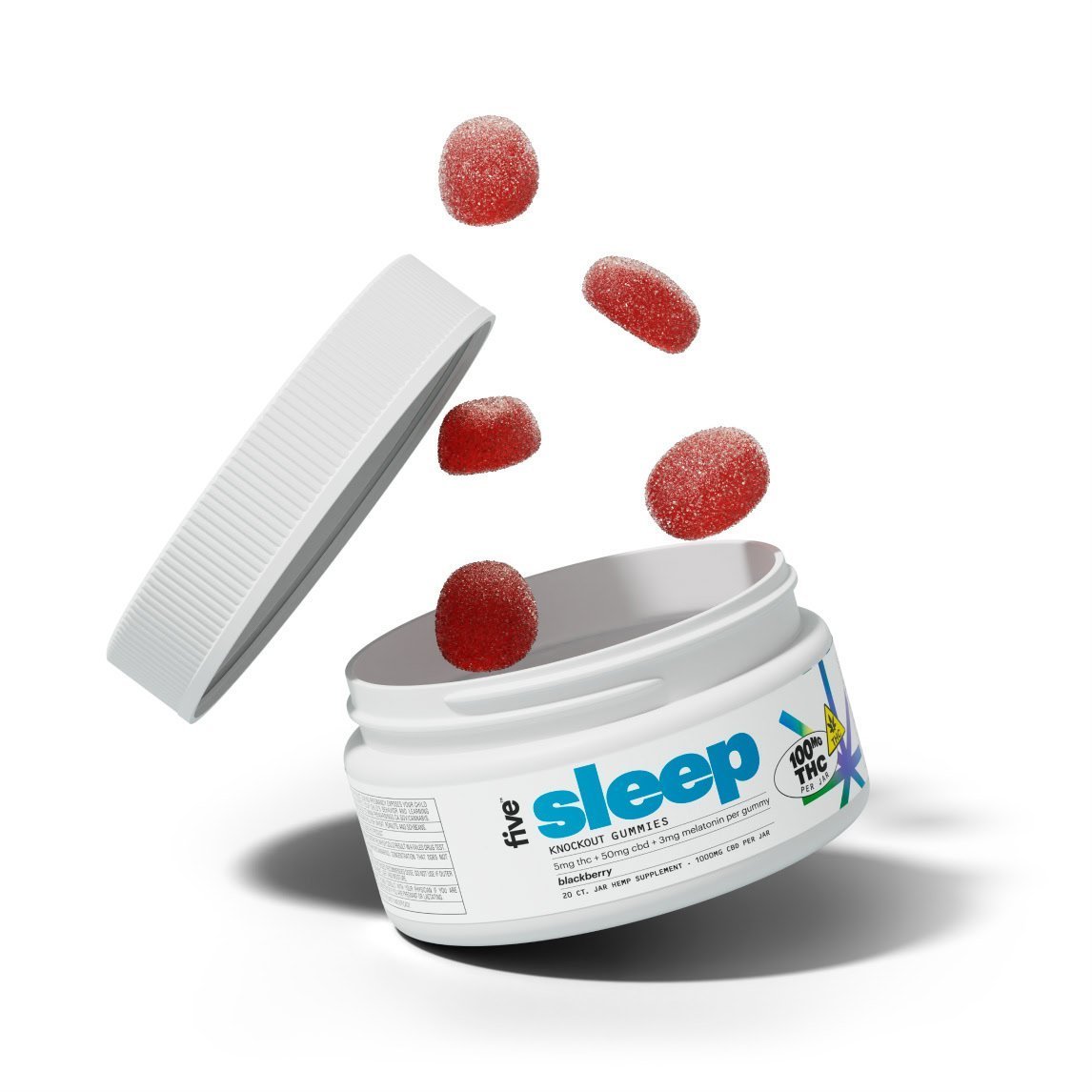 five, Knockout Sleep CBD+THC Melatonin Gummies, Blackberry, Full Spectrum, 20ct, 100mg THC + 1000mg CBD - Image 2